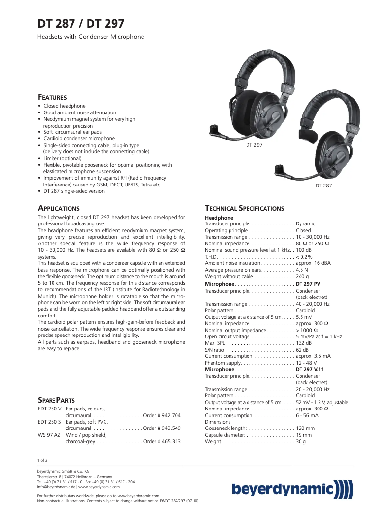 Page 1 de la notice Fiche technique Beyerdynamic DT 287 PV MK II