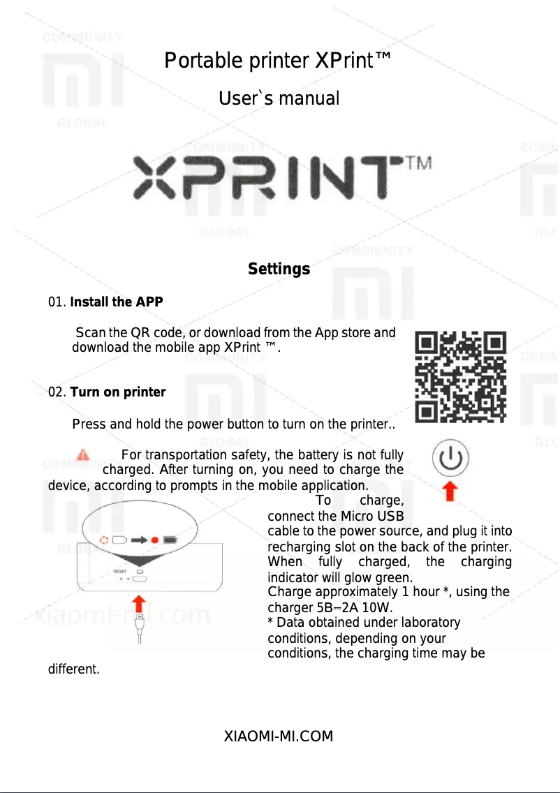 Page 1 de la notice Manuel utilisateur Xiaomi XPrint