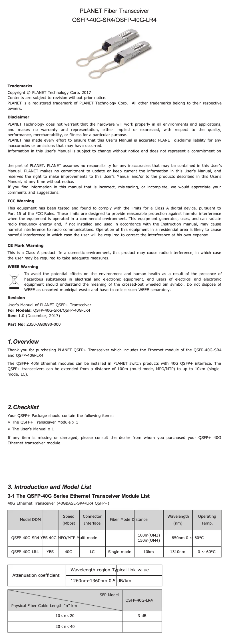 Page 1 de la notice Manuel utilisateur Planet QSFP-40G-SR4