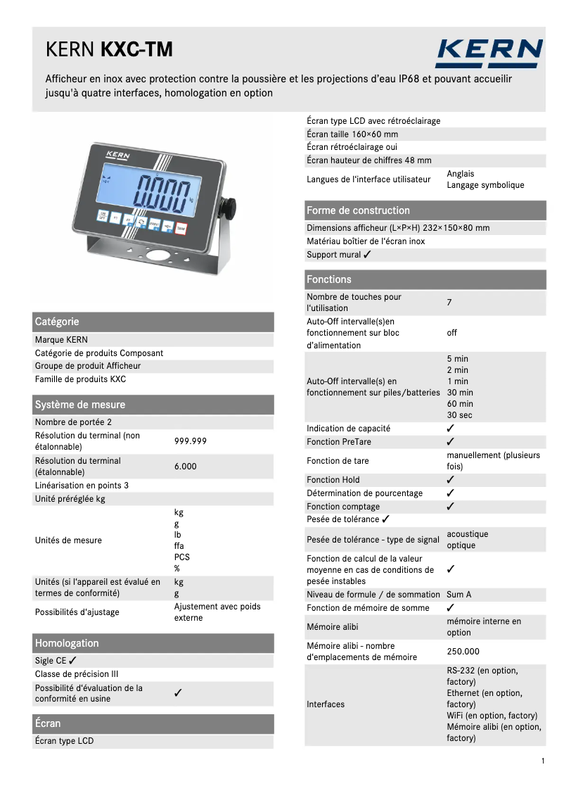 Page 1 de la notice Fiche technique Kern TKXC-TM-A