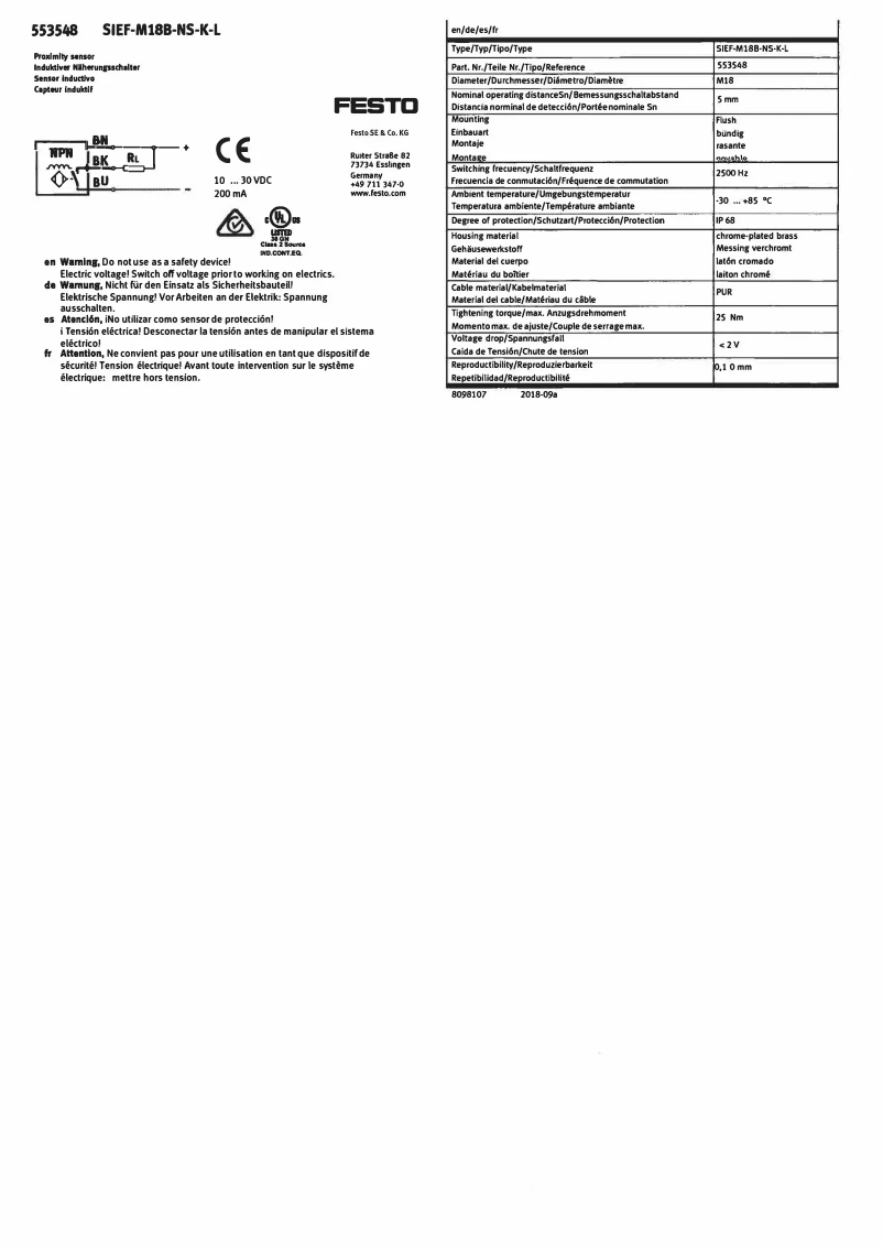 Page 1 de la notice Manuel utilisateur Festo SIEF-M18B-NS-K-L