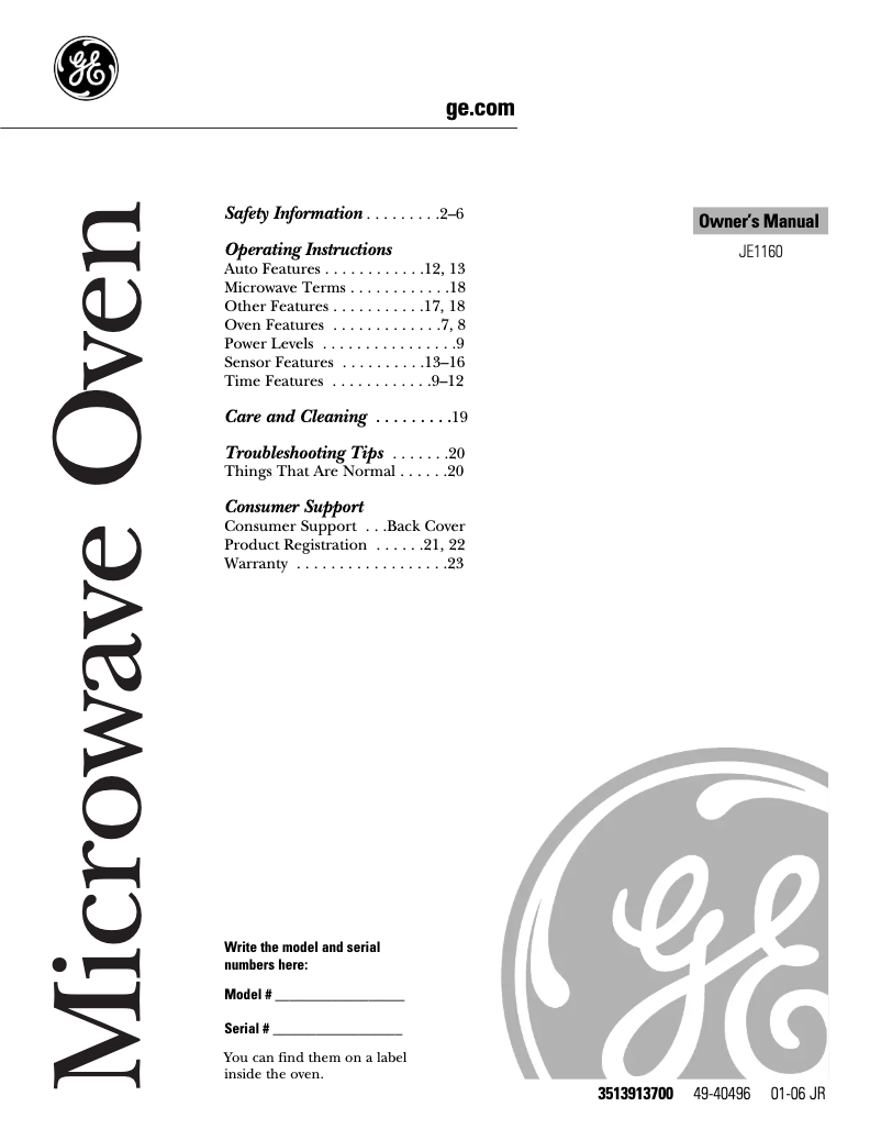 Page 1 de la notice Manuel d'utilisation et d'entretien GE JE1160WD