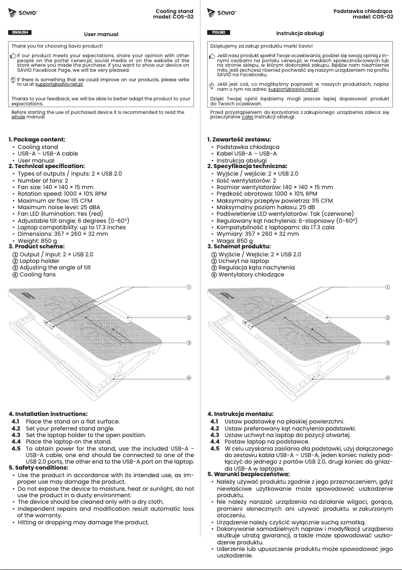 Page 1 de la notice Manuel utilisateur Savio COS-02