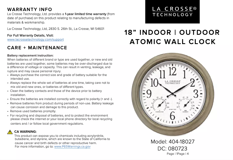 Page 1 de la notice Manuel utilisateur La Crosse Technology 404-18027