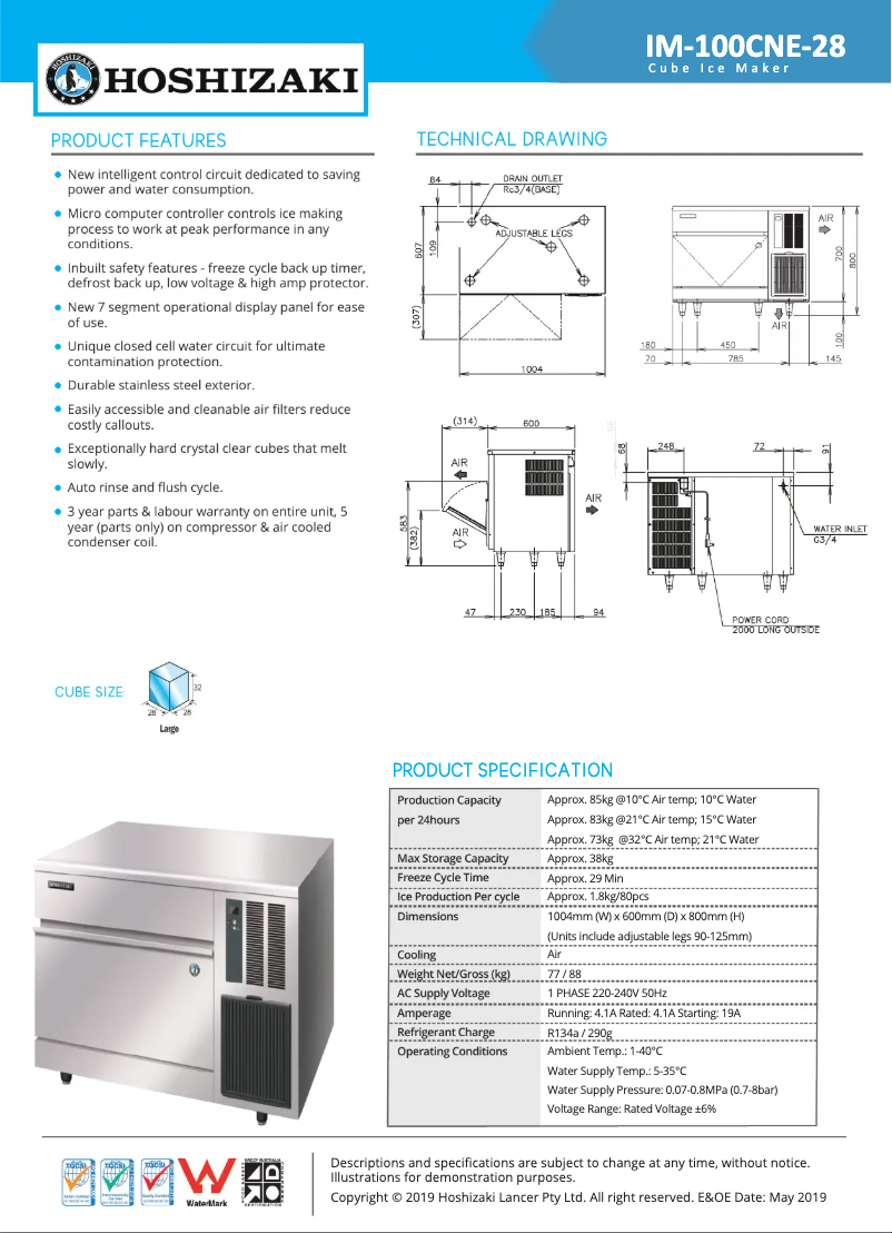 Page n°1 - Fiche technique Hoshizaki IM-100CNE