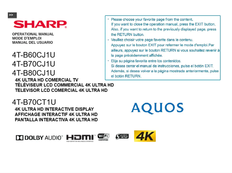 Page n°1 - Manuel utilisateur Sharp Aquos B70CT