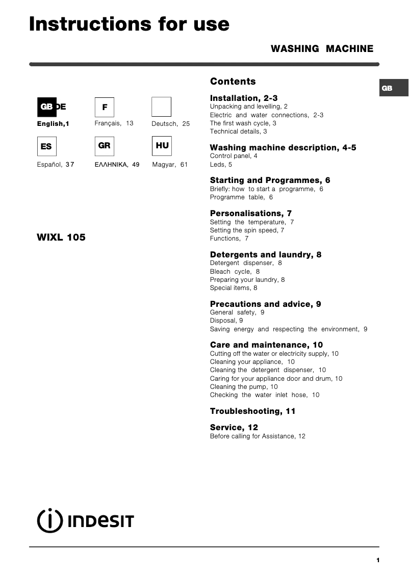 Image de la première page du manuel de l'appareil WIXL 105 EX