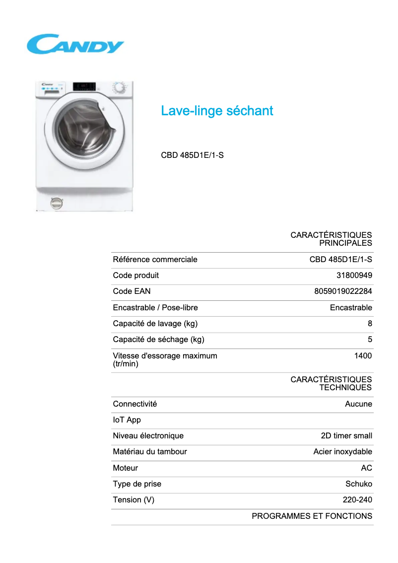 Page 1 de la notice Fiche technique Candy CBD 485D1E/1-S