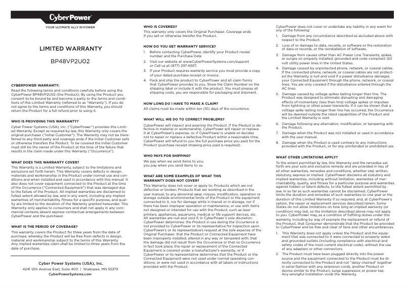 Page n°1 - Informations de garantie CyberPower BP48VP2U02