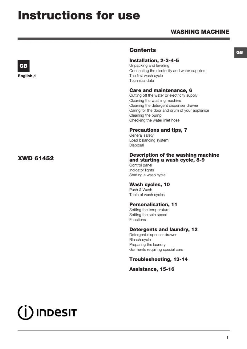 Page n°1 - Manuel utilisateur Indesit XWD 61452