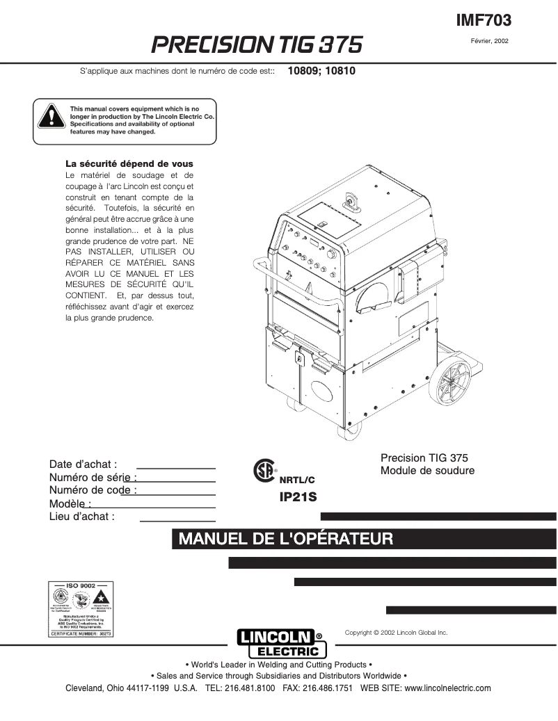 Imagen de la primera página del manual del dispositivo Precision TIG 375
