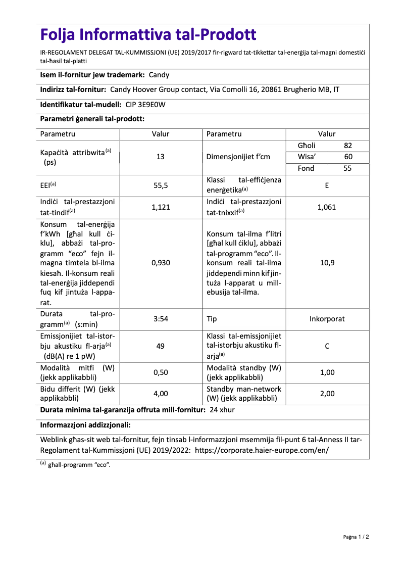 Page 1 de la notice Fiche technique Candy CIP 3E9E0W