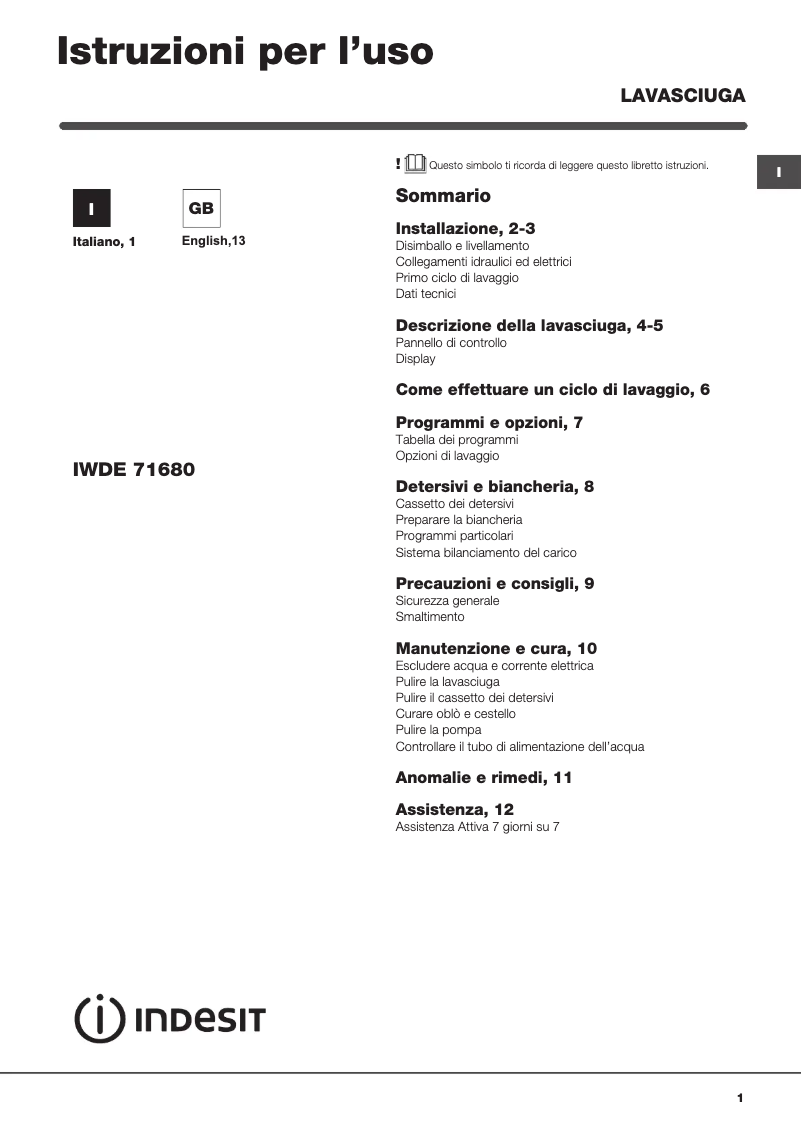 Page 1 de la notice Manuel utilisateur Indesit IWDE 71680 C ECO IT