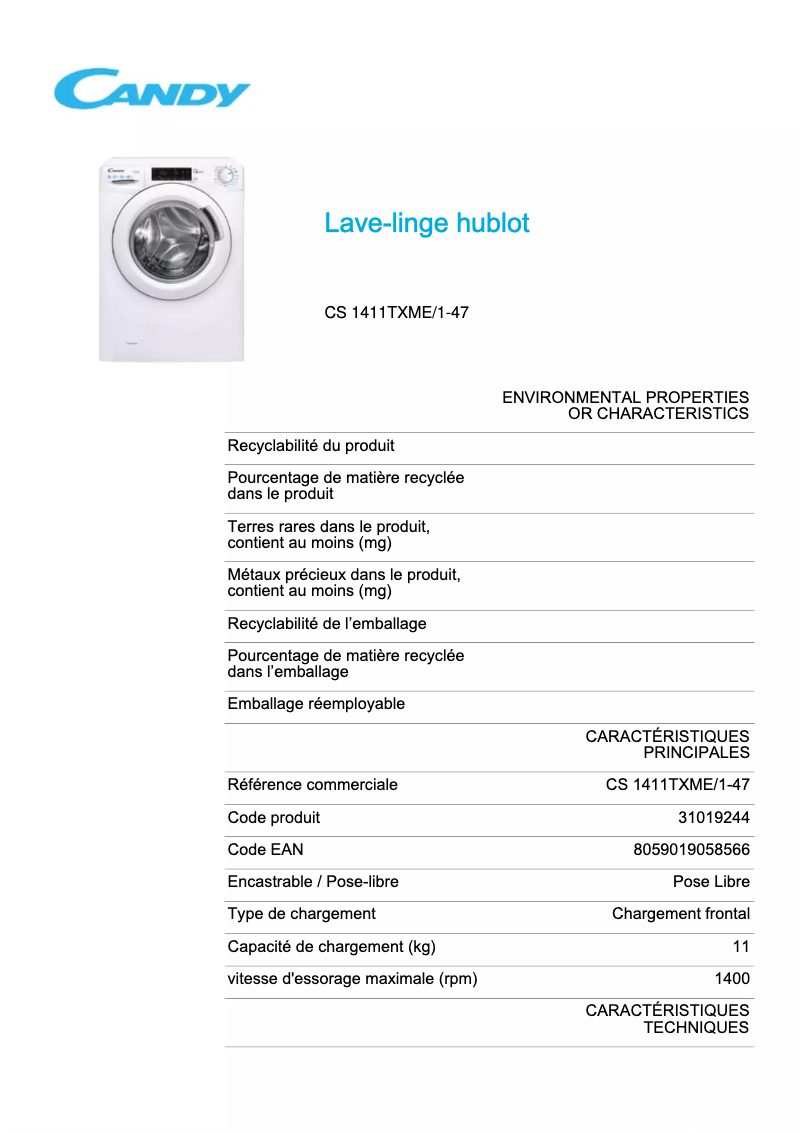 Page 1 de la notice Fiche technique Candy CS 1411TXME/1-47