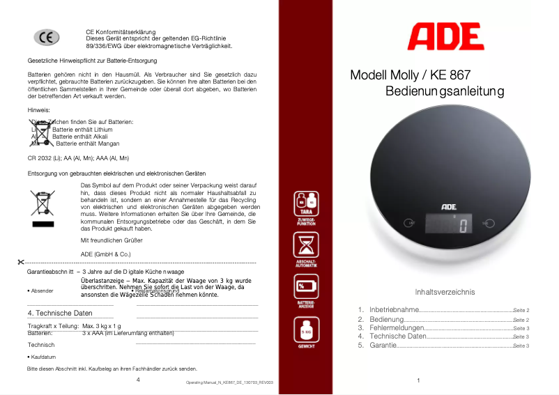 Page 1 de la notice Manuel utilisateur ADE Molly KE 867