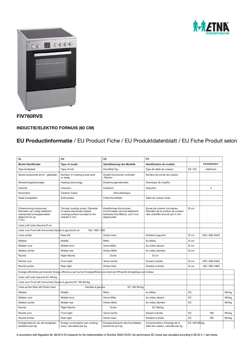 Page 1 de la notice Fiche technique Etna FIV760RVS