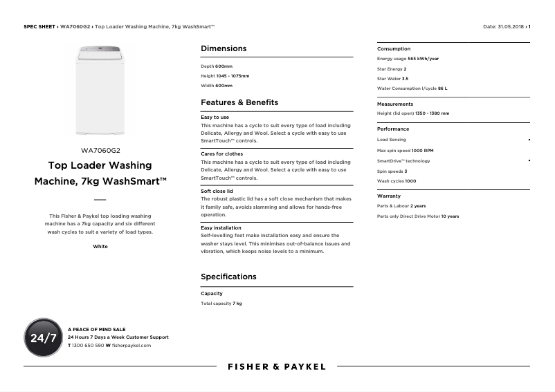 Page 1 de la notice Fiche technique Fisher & Paykel WA7060G2