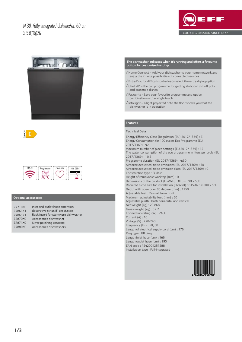 Page n°1 - Fiche technique Neff S153ITX02G