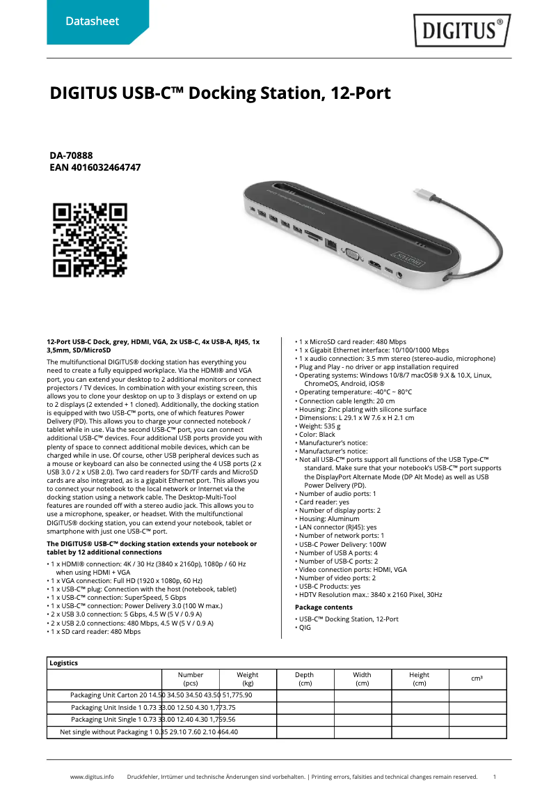 Page n°1 - Fiche technique Digitus DA-70888