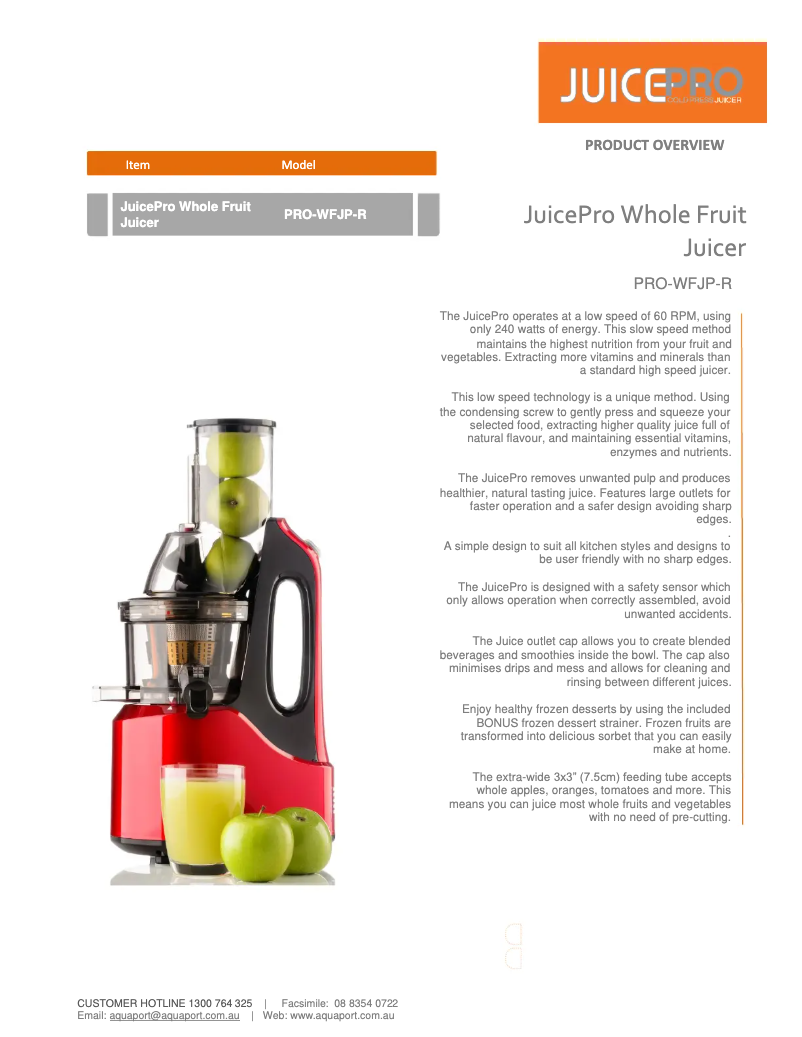 Page 1 de la notice Fiche technique Aquaport PRO-WFJP-R