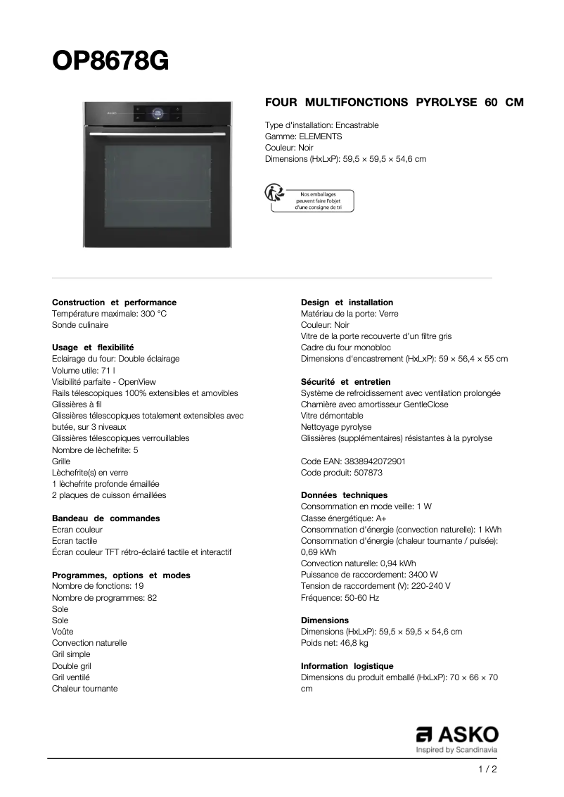 Page 1 de la notice Fiche technique Asko OP8678G