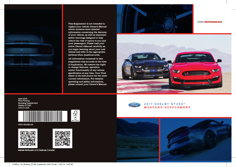 Page 1 de la notice Manuel utilisateur Ford Mustang Shelby GT350 (2017)