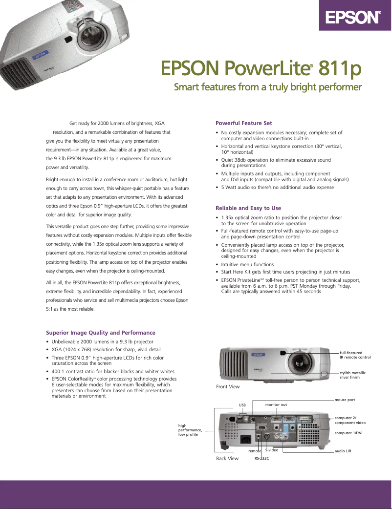 Page 1 de la notice Brochure Epson PowerLite 811p