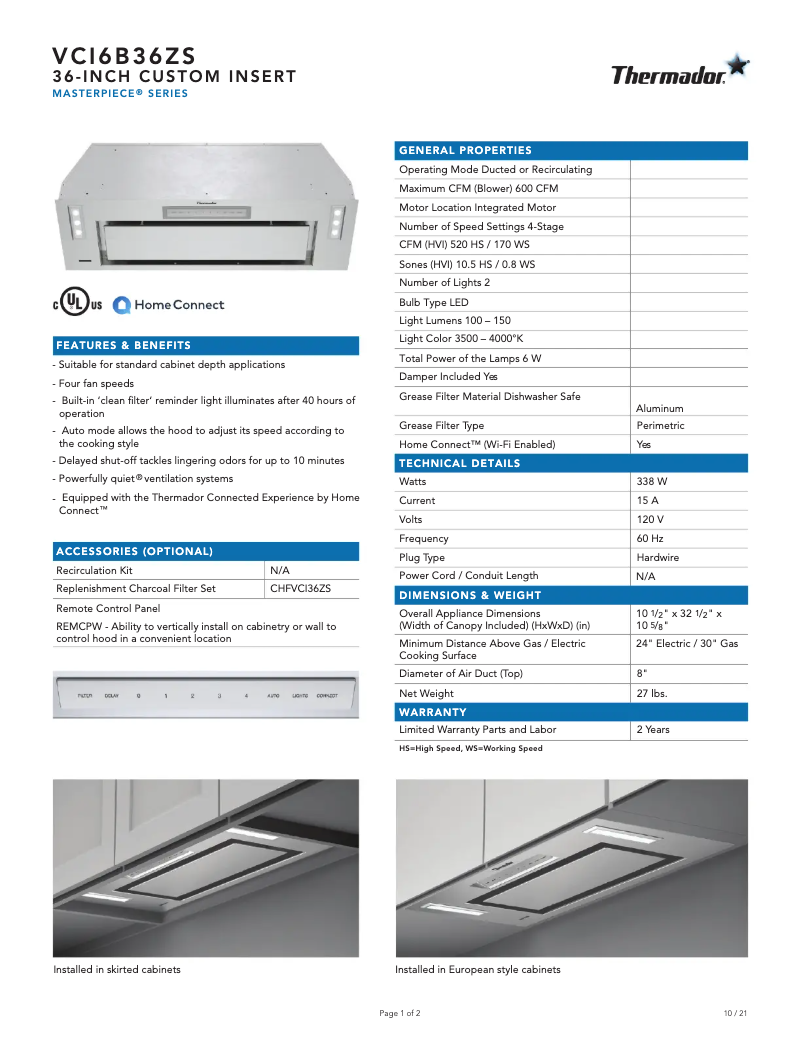 Page n°1 - Fiche technique Thermador VCI6B36ZS