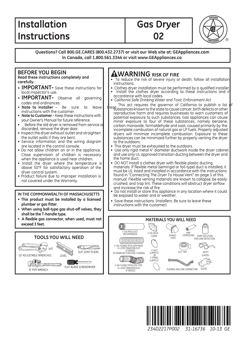Page 1 de la notice Guide d'installation GE GTDL210GDWW