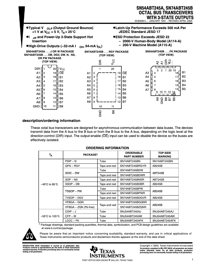 Page 1 de la notice Manuel utilisateur Texas Instruments SN74ABT245BN