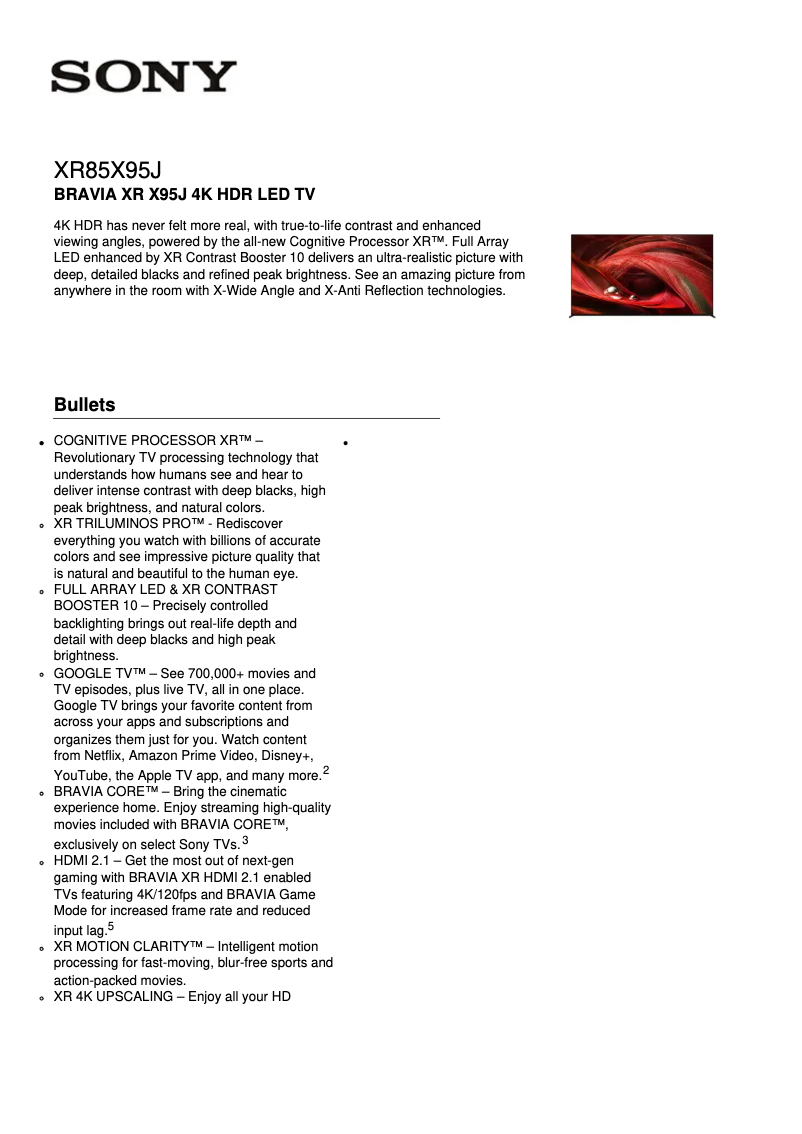 Page 1 de la notice Fiche technique Sony Bravia XR-85X95J