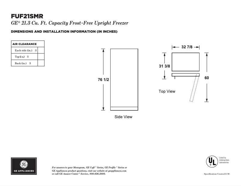 Página 1 del manual Ficha técnica GE FUF21SMRWW