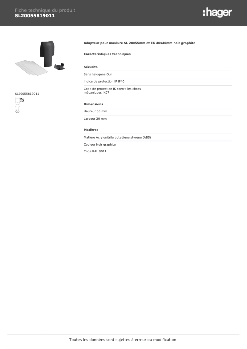 Page n°1 - Fiche technique Hager SL20055819011