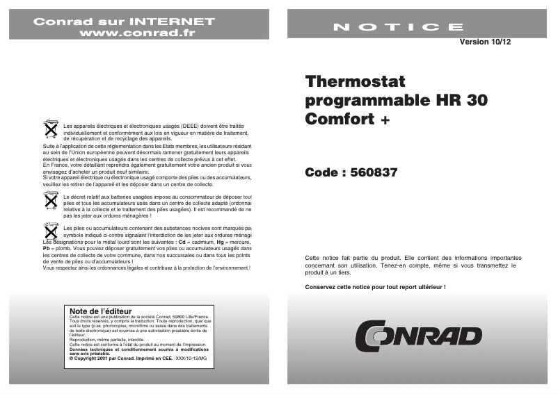 Page n°1 - Manuel utilisateur Honeywell Home Comfort+ HR30