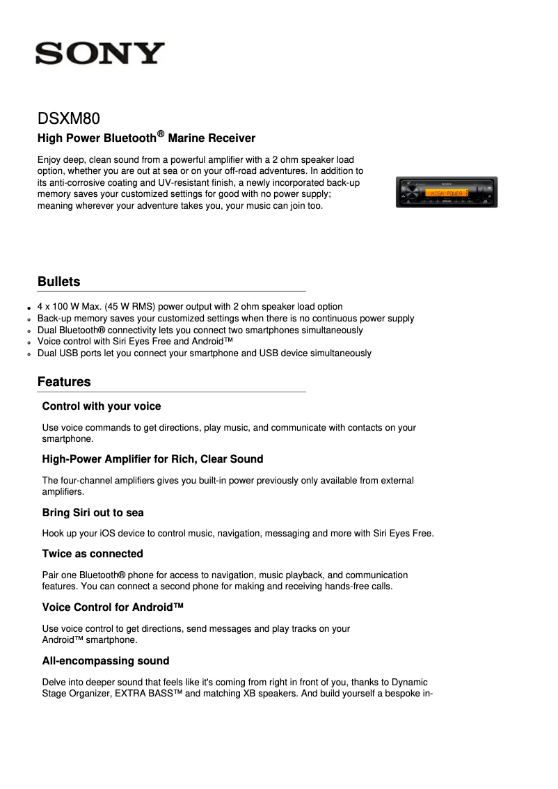 Page 1 de la notice Fiche technique Sony DSX-M80