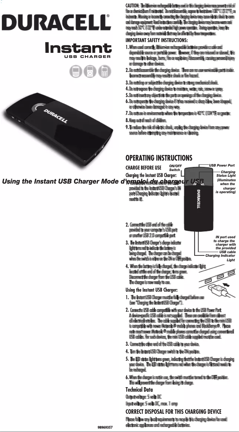 Page 1 de la notice Manuel utilisateur Duracell Instant USB