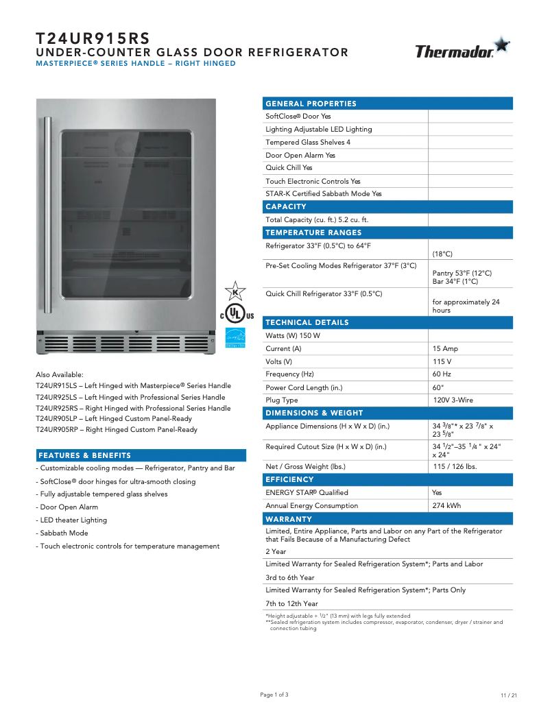 Page n°1 - Fiche technique Thermador T24UR915RS