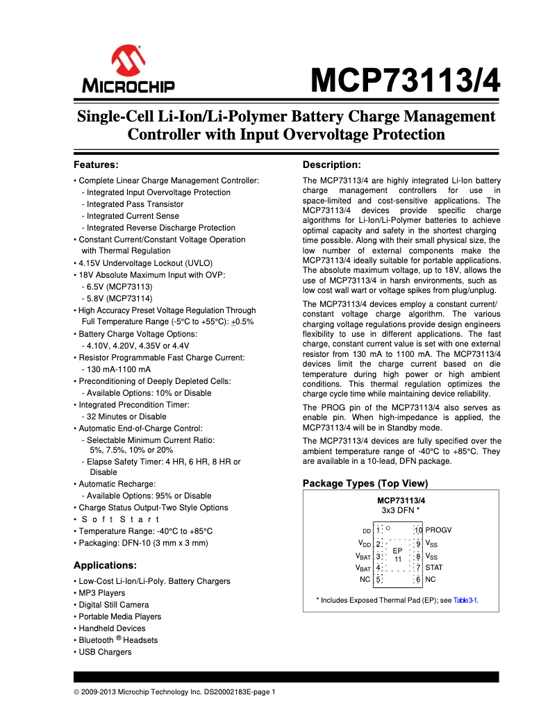 Page 1 de la notice Fiche technique Microchip MCP73113
