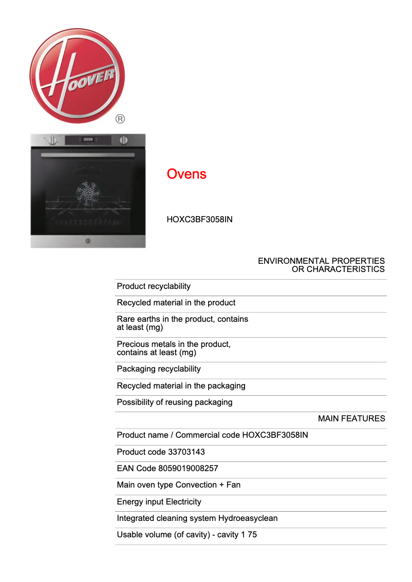 Page n°1 - Fiche technique Hoover H-OVEN 300 HOXC3BF3058IN