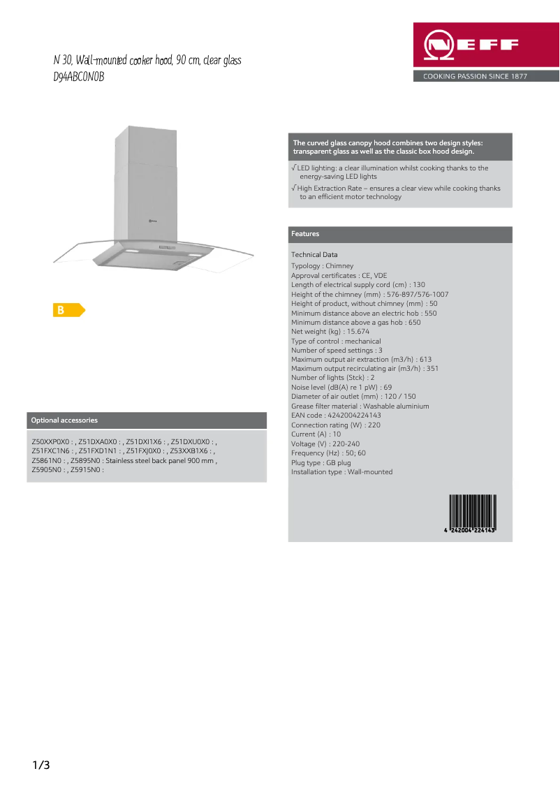Page 1 de la notice Fiche technique Neff D94ABC0N0B