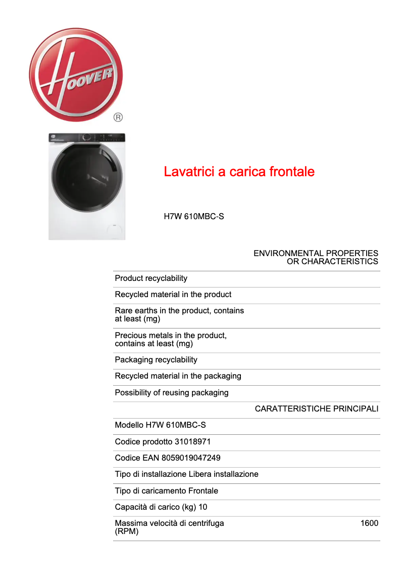Page n°1 - Fiche technique Hoover H7W 610MBC-S