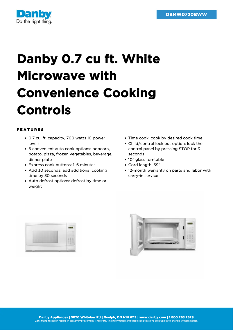 Page n°1 - Fiche technique Danby DBMW0720BWW