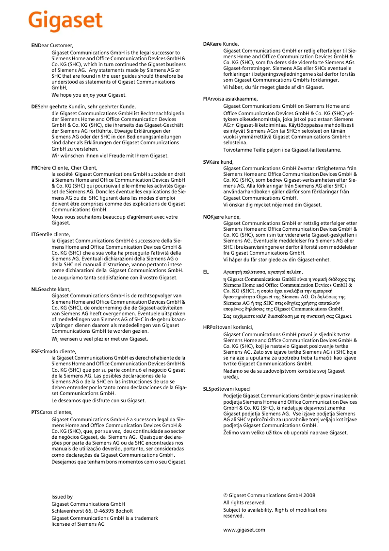 Imagen de la primera página del manual del dispositivo Gigaset A140