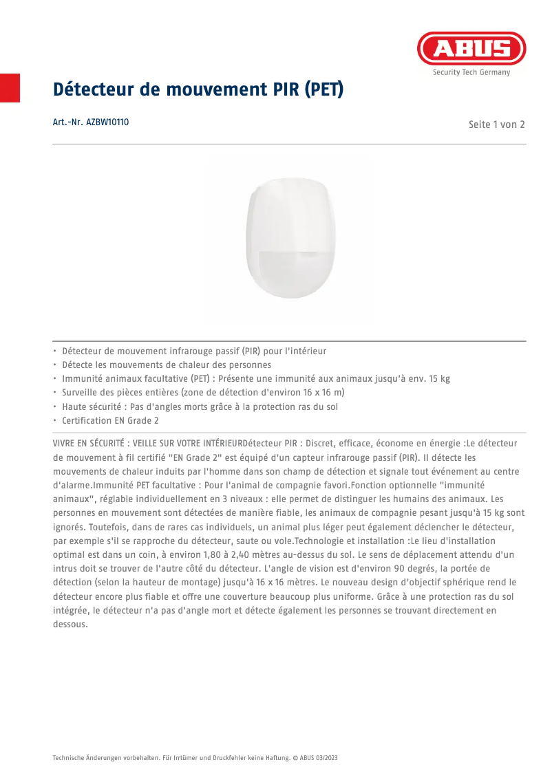Page 1 de la notice Fiche technique Abus AZBW10110