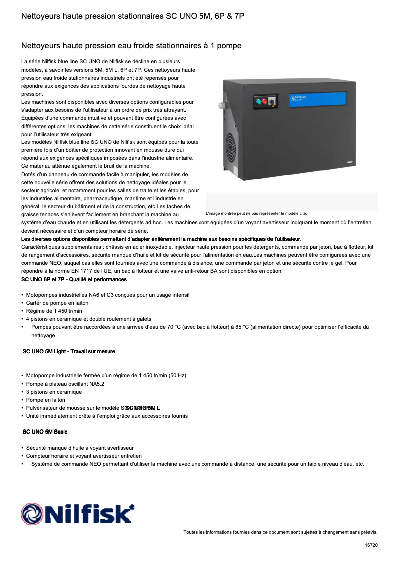 Page 1 de la notice Fiche technique Nilfisk SC UNO 7P