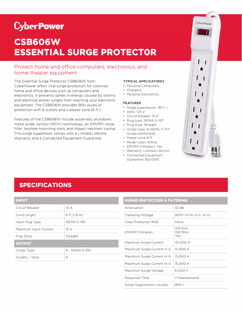 Page n°1 - Fiche technique CyberPower Essential CSB606W