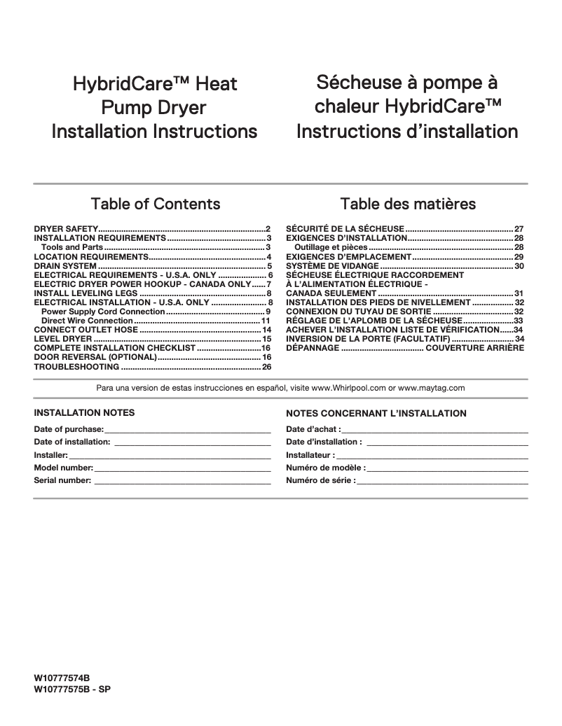 Page n°1 - Guide d'installation Whirlpool WED9290F