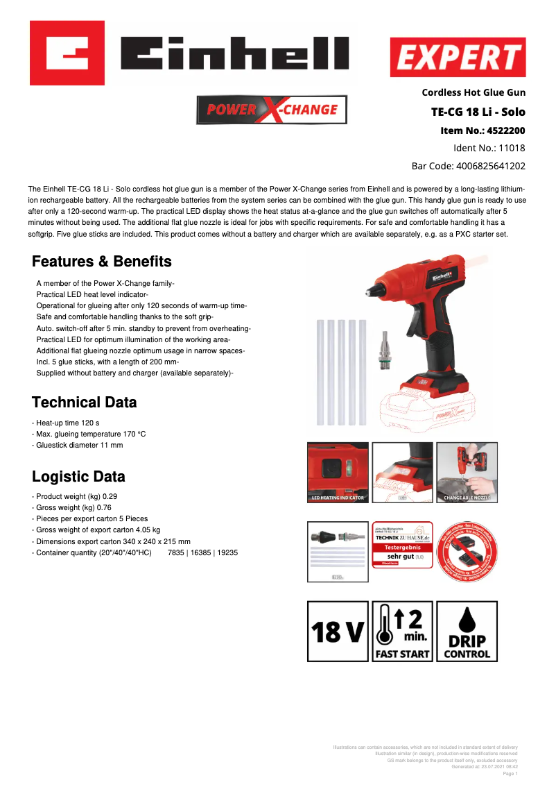 Page 1 de la notice Fiche technique Einhell TE-CG 18 Li