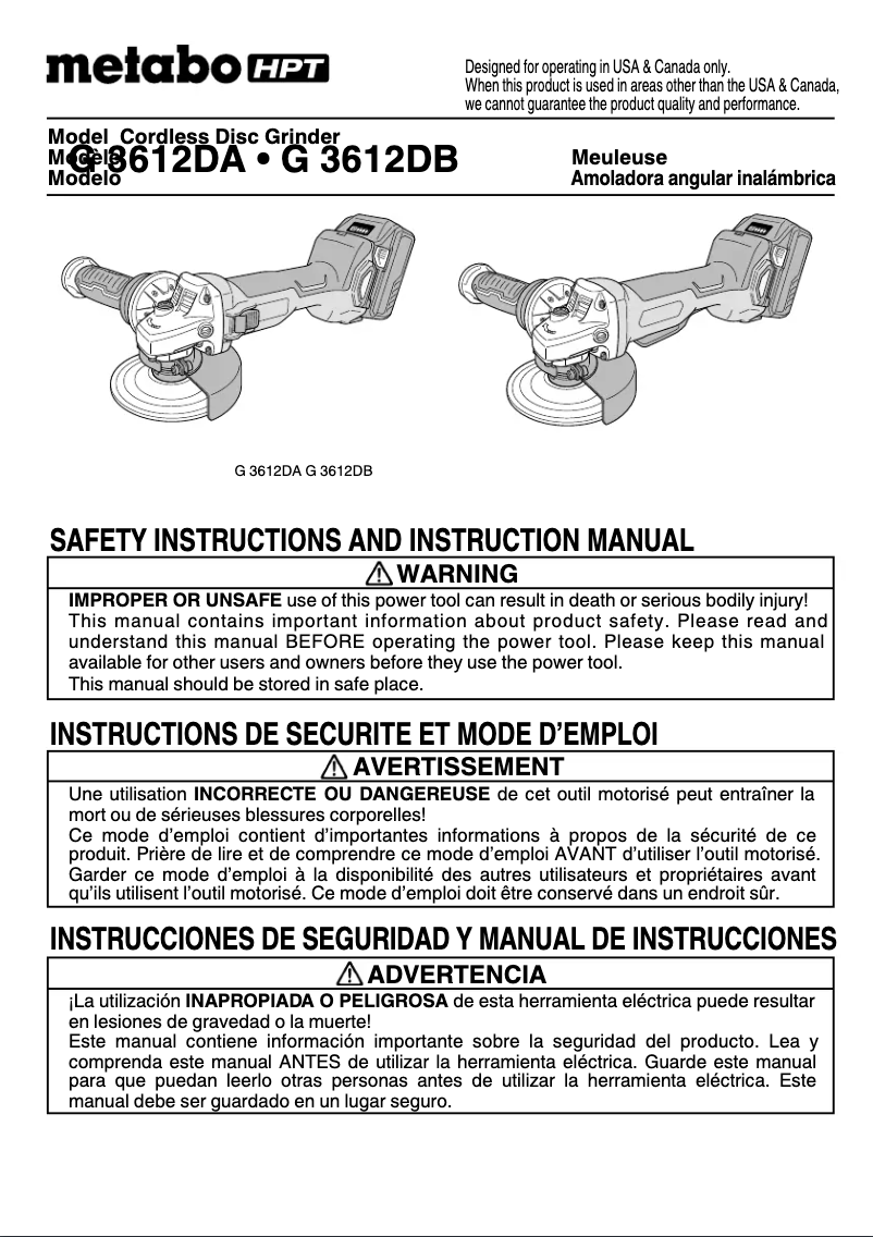 Page 1 de la notice Manuel utilisateur Metabo G 3612DB