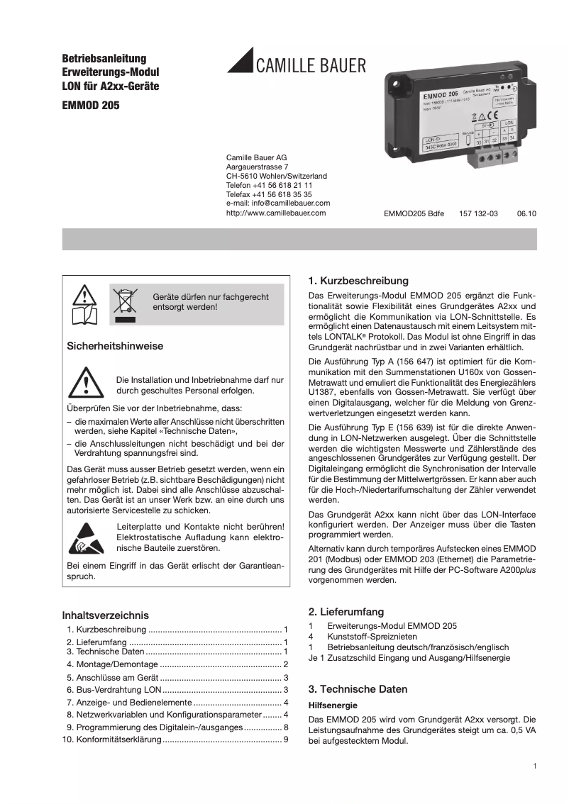 Page n°1 - Manuel utilisateur Camille Bauer EMMOD205